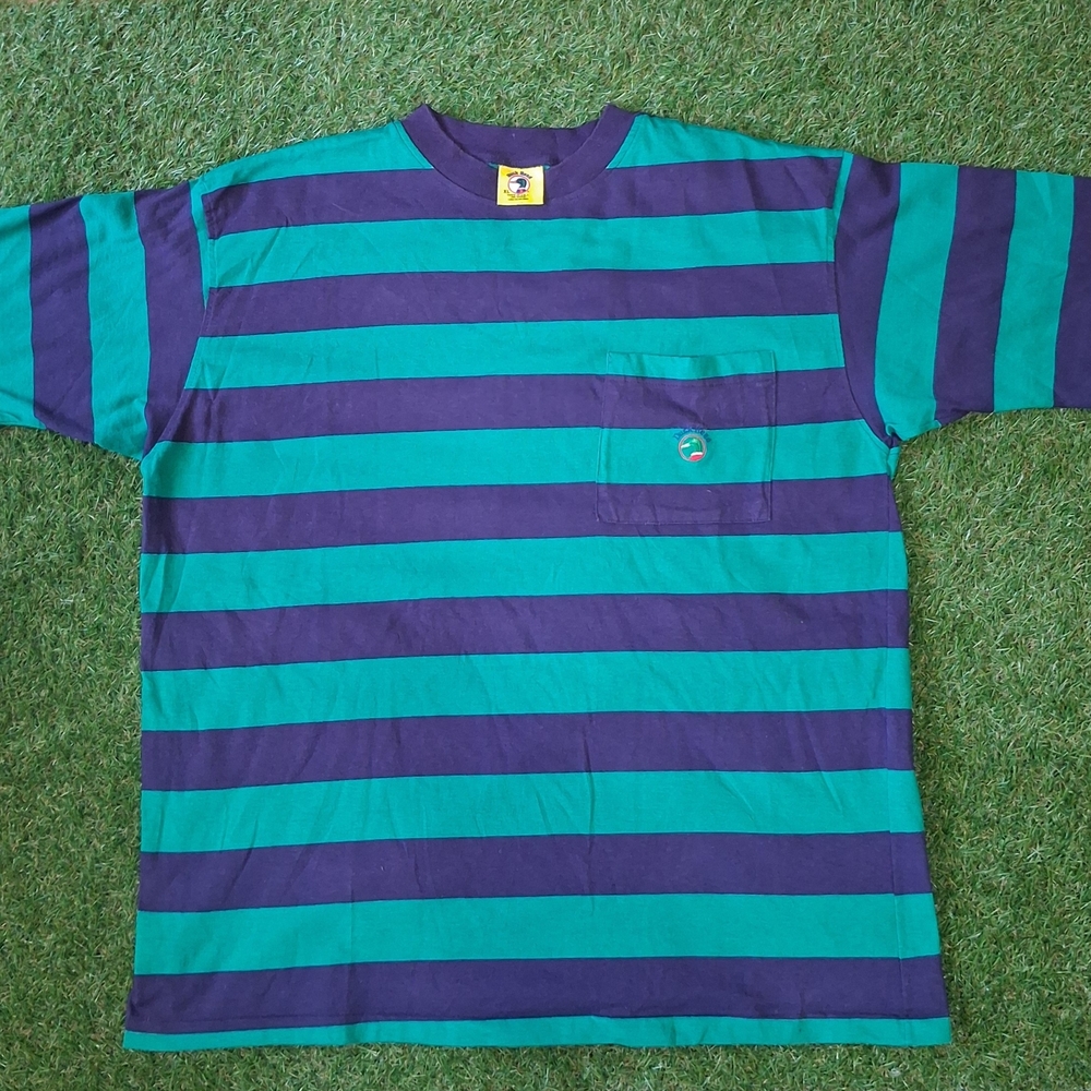 90s Duckhead Vintage Striped Pocket Tee with Green and Navy Stripes